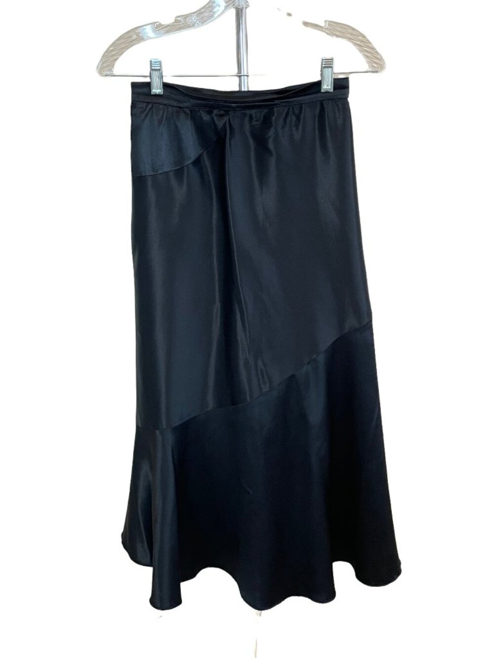 Vintage 90s Black Satin 6 Maxi Flared Black Dark Academia Goth Skirt Witchy